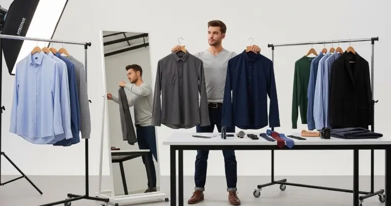 Actor preparing multiple outfit options for professional headshot session