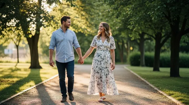 Couple holding hands and walking naturally during outdoor photoshoot