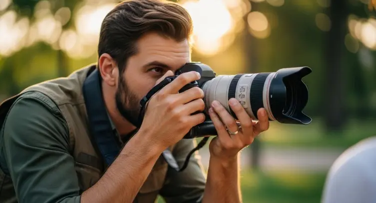Photographer using 85mm lens for professional portrait photography outdoors