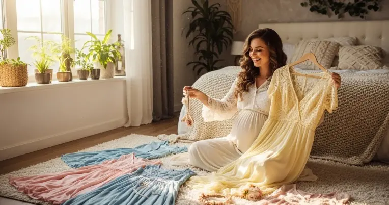 Pregnant woman preparing outfits for maternity photo shoot at home