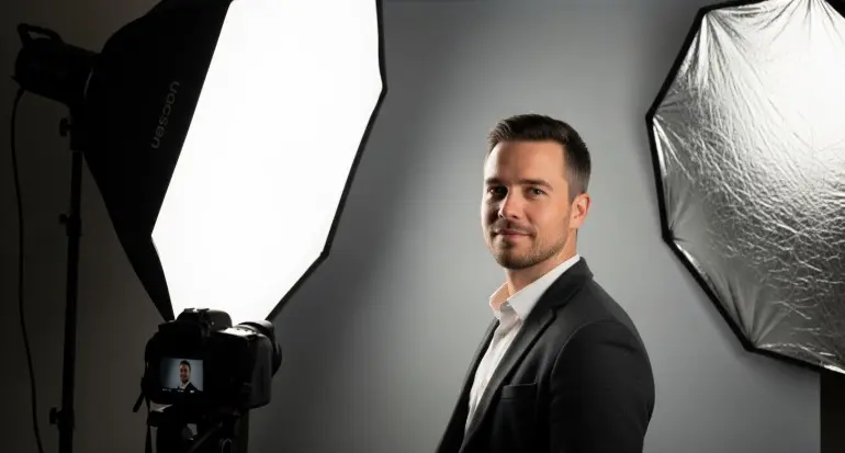 Professional portrait photography setup with soft lighting and subject posing