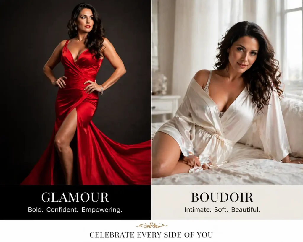 A side-by-side comparison image showing a bold glamour portrait in a gown and a soft boudoir portrait in a silk robe.