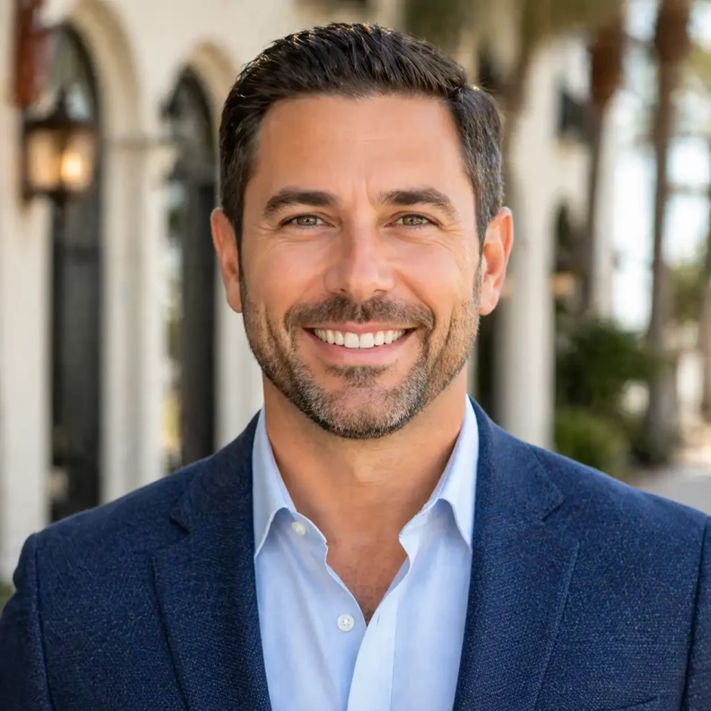 Modern 2026 LinkedIn headshot of a professional man with natural lighting and a blurred architectural background.