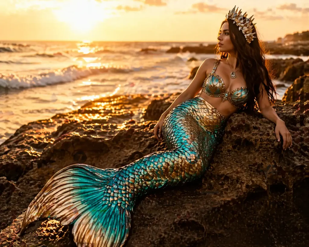 A professional mermaid photoshoot in St. Augustine Florida featuring a woman in a realistic blue tail sitting on coquina rocks at sunset.