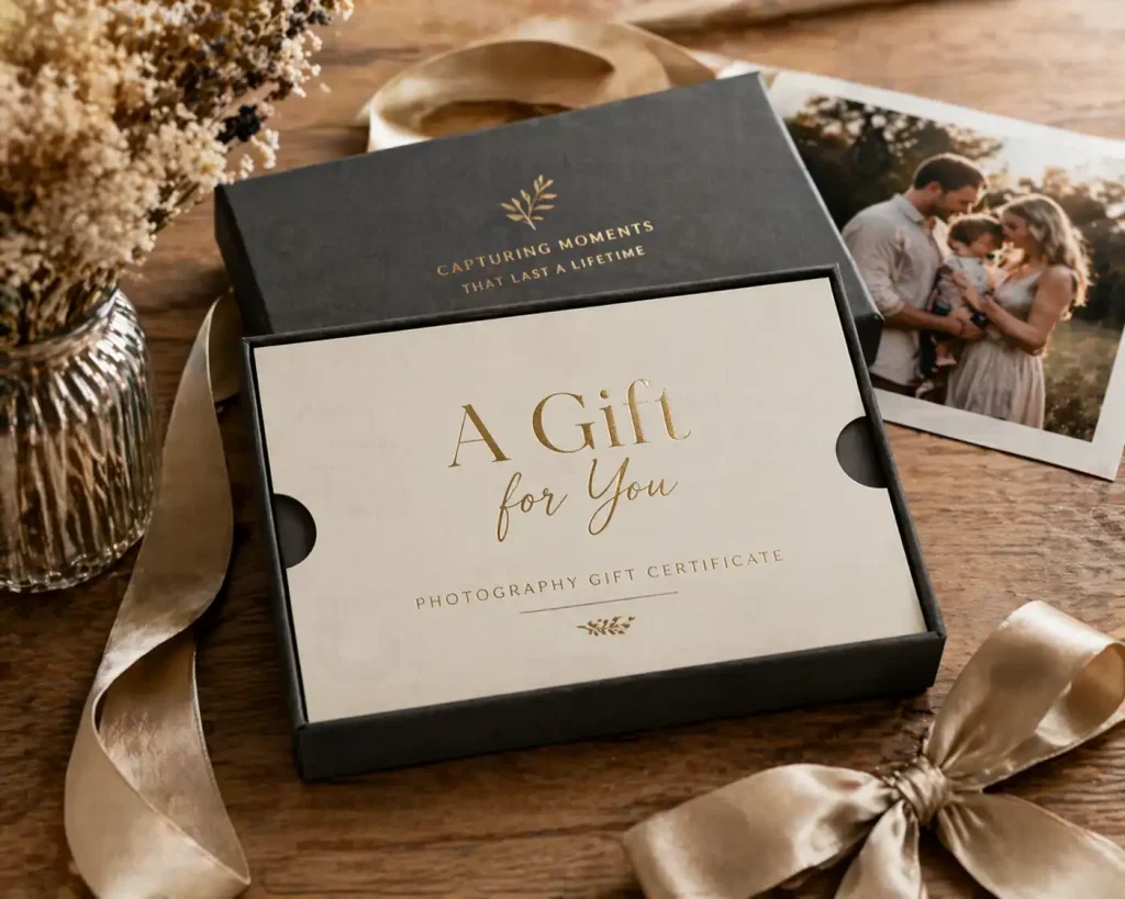 Elegant photography gift certificate for a professional portrait session in St. Augustine, placed in a luxury gift box with a ribbon.