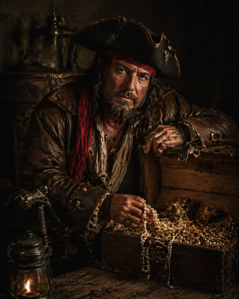 pirate portrait photography in a St. Augustine studio featuring authentic 18th-century costumes and treasure chest props.