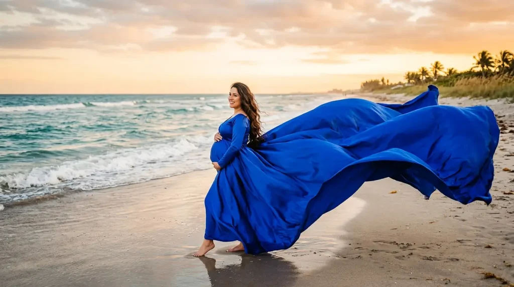 Flying Dress Maternity Photoshoots: Combining Pregnancy Glow with Dramatic Satin Trains